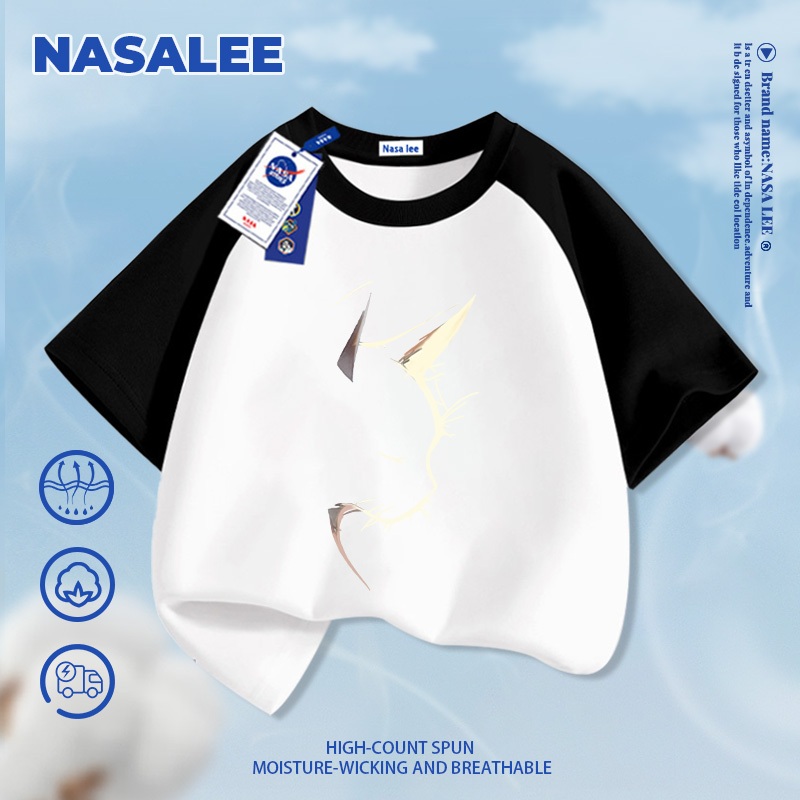 [Giao hàng trong ngày] Áo thun cotton nguyên chất màu đen cho trẻ em họa tiết mèo ngầu phong cách NASA, chất liệu cotton thoáng khí, dành cho bé 3-16 tuổi, áo sơ mi ngắn tay dáng rộng thoải mái
