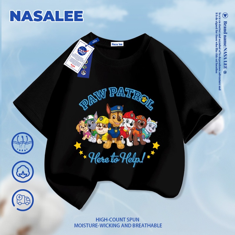 [Giao hàng trong ngày] Áo thun ngắn tay đen cho trẻ em NASA, chất liệu cotton thoáng khí thoải mái, áo sơ mi nửa tay thời trang đáng yêu họa tiết chó dành cho bé trai và bé gái