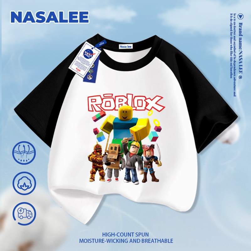 [Giao hàng trong ngày] Áo thun ngắn tay cotton nguyên chất màu đen cho trẻ em NASA, phong cách họa tiết hoạt hình, dành cho bé 3-16 tuổi, áo sơ mi ngắn tay dáng rộng thoải mái