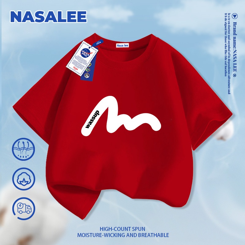 [Giao hàng trong ngày] Áo thun Cotton nguyên chất màu đen cho trẻ em NASA Áo thun Cotton thoáng khí họa tiết đường khí quyển 3-16 tuổi Áo sơ mi ngắn tay dáng rộng thông thường