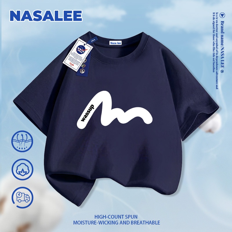 [Giao hàng trong ngày] Áo thun Cotton nguyên chất màu đen cho trẻ em NASA Áo thun Cotton thoáng khí họa tiết đường khí quyển 3-16 tuổi Áo sơ mi ngắn tay dáng rộng thông thường