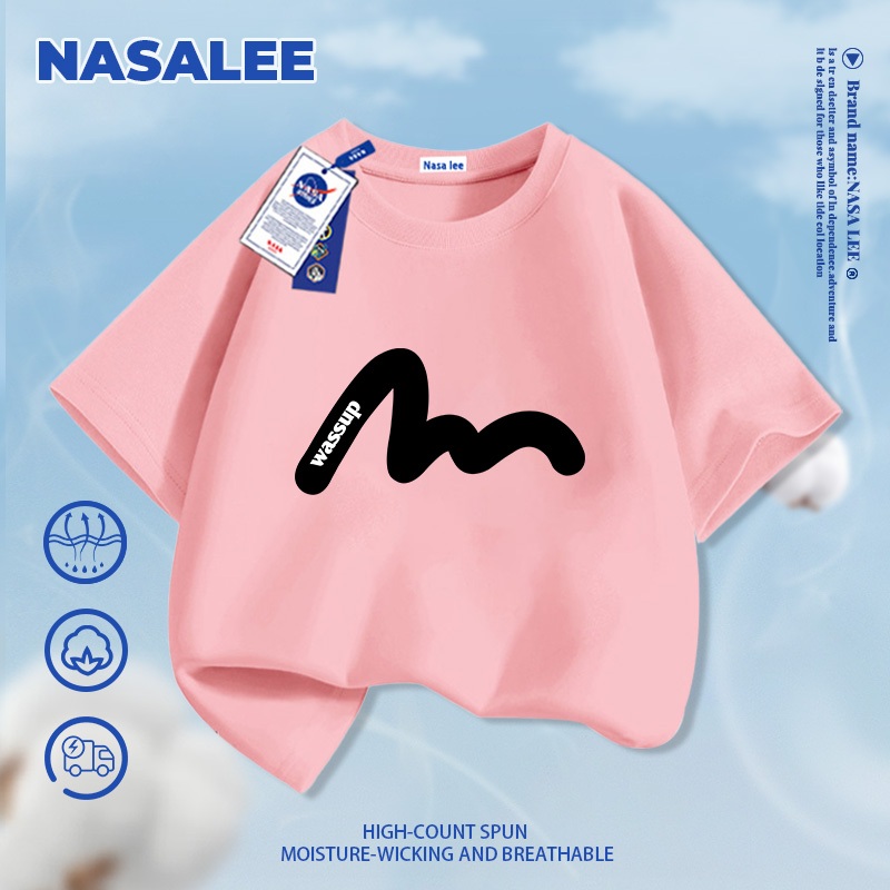[Giao hàng trong ngày] Áo thun Cotton nguyên chất màu đen cho trẻ em NASA Áo thun Cotton thoáng khí họa tiết đường khí quyển 3-16 tuổi Áo sơ mi ngắn tay dáng rộng thông thường