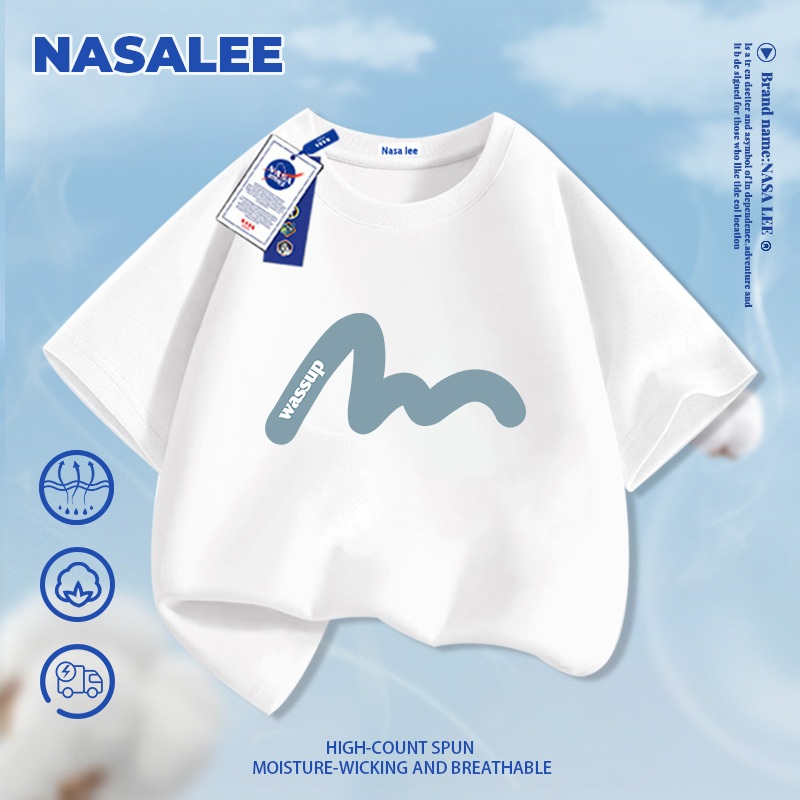 [Giao hàng trong ngày] Áo thun Cotton nguyên chất màu đen cho trẻ em NASA Áo thun Cotton thoáng khí họa tiết đường khí quyển 3-16 tuổi Áo sơ mi ngắn tay dáng rộng thông thường