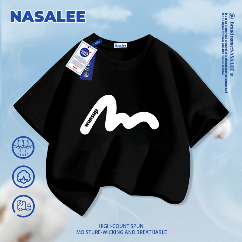 [Giao hàng trong ngày] Áo thun Cotton nguyên chất màu đen cho trẻ em NASA Áo thun Cotton thoáng khí họa tiết đường khí quyển 3-16 tuổi Áo sơ mi ngắn tay dáng rộng thông thường