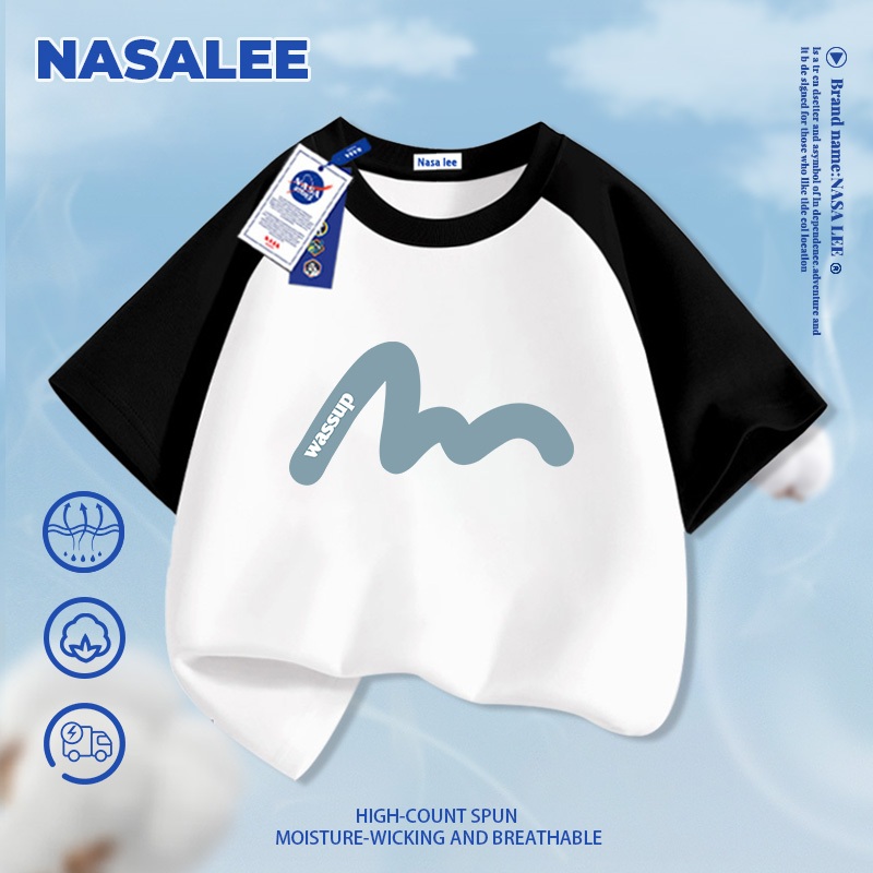 [Giao hàng trong ngày] Áo thun Cotton nguyên chất màu đen cho trẻ em NASA Áo thun Cotton thoáng khí họa tiết đường khí quyển 3-16 tuổi Áo sơ mi ngắn tay dáng rộng thông thường