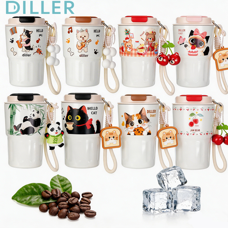 Diller Cat Tumbler Thermos Cốc Phủ Gốm Lót Inox Hút Chân Không Cách Nhiệt Cốc Cà Phê 340ml D9396