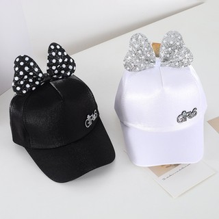 Mũ bóng chày bé gái dễ thương với nơ chấm bi lấp lánh Mũ Snapback có thể điều chỉnh cho trẻ em 2-6 tuổi