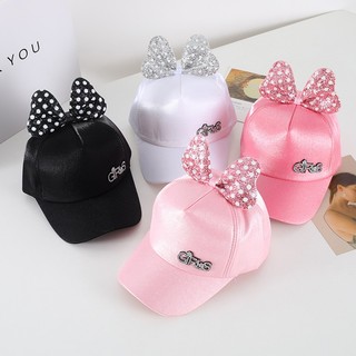 Mũ bóng chày bé gái dễ thương với nơ chấm bi lấp lánh Mũ Snapback có thể điều chỉnh cho trẻ em 2-6 tuổi