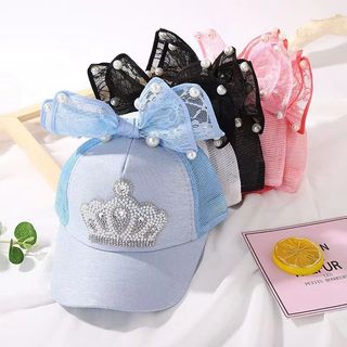 Mũ bóng chày bé gái dễ thương có nơ ngọc trai và mũ chống nắng lưới thoáng khí mùa hè cho trẻ em 2-6 tuổi