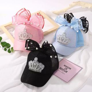 Mũ bóng chày bé gái dễ thương có nơ ngọc trai và mũ chống nắng lưới thoáng khí mùa hè cho trẻ em 2-6 tuổi