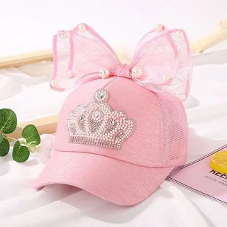 Mũ bóng chày bé gái dễ thương có nơ ngọc trai và mũ chống nắng lưới thoáng khí mùa hè cho trẻ em 2-6 tuổi