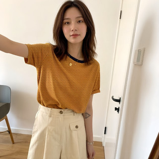 Áo thun cotton ngoại cỡ sọc mù tạt và vàng đen, thiết kế thoải mái sang trọng