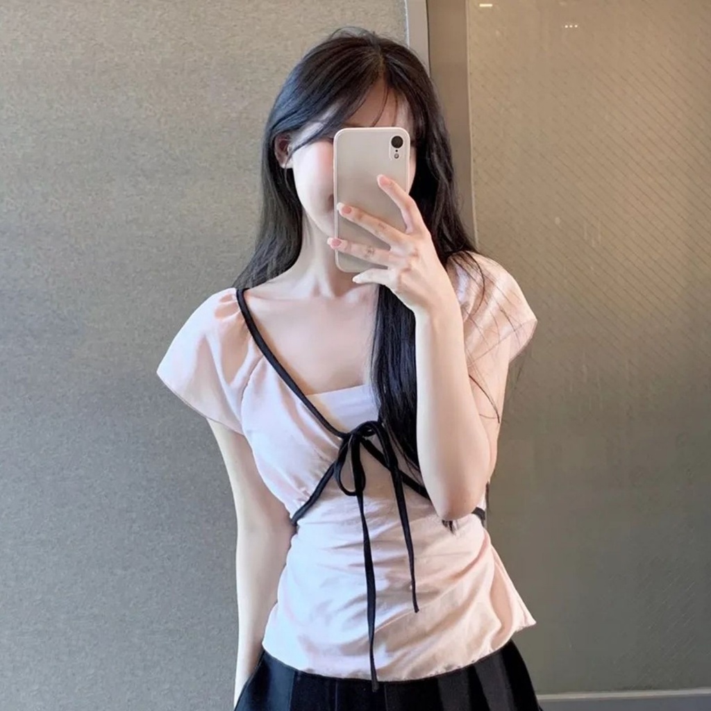 [BANKO] Đầm công chúa Hàn Quốc màu hồng, phối ren và nơ cổ chữ V, phù hợp mùa hè