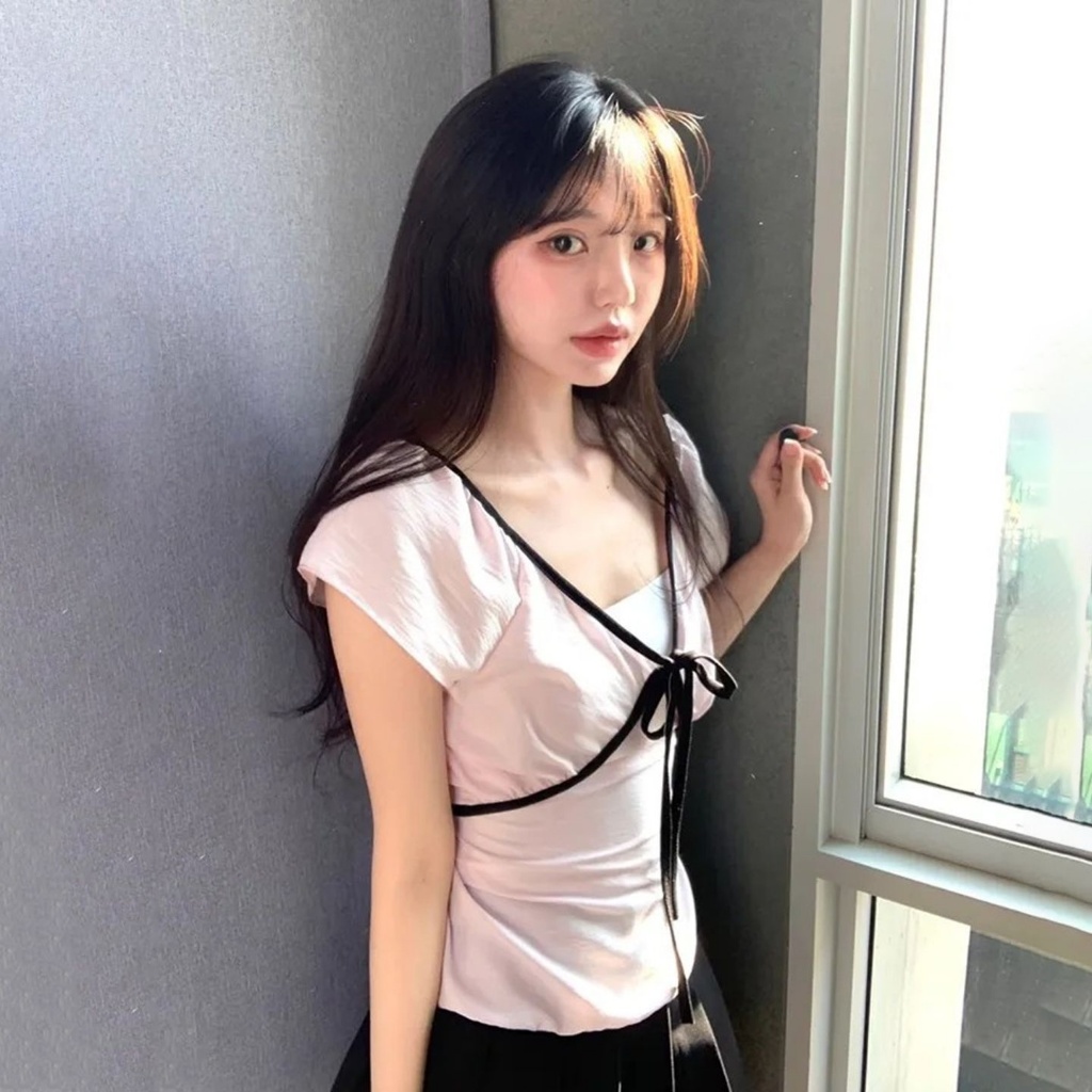 [BANKO] Đầm công chúa Hàn Quốc màu hồng, phối ren và nơ cổ chữ V, phù hợp mùa hè