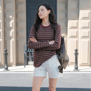 Áo thun cotton maroon kẻ sọc, cổ tròn, style oversized vintage