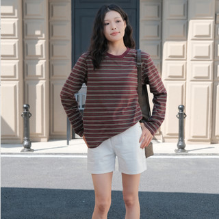 Áo thun cotton maroon kẻ sọc, cổ tròn, style oversized vintage