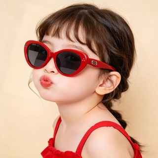 Kính râm mắt mèo hình bầu dục màu đỏ cổ điển dành cho trẻ em để chống tia cực tím ngoài trời