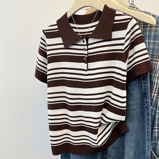 Polo Cổ Áo Dệt Kim Tay Ngắn Nữ Mùa Hè Sọc Ve Áo Thun Phiên Bản Hàn Quốc Đi Lại Đơn Giản Top