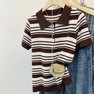 Polo Cổ Áo Dệt Kim Tay Ngắn Nữ Mùa Hè Sọc Ve Áo Thun Phiên Bản Hàn Quốc Đi Lại Đơn Giản Top