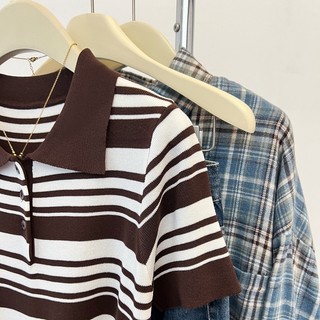 Polo Cổ Áo Dệt Kim Tay Ngắn Nữ Mùa Hè Sọc Ve Áo Thun Phiên Bản Hàn Quốc Đi Lại Đơn Giản Top
