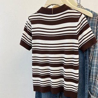 Polo Cổ Áo Dệt Kim Tay Ngắn Nữ Mùa Hè Sọc Ve Áo Thun Phiên Bản Hàn Quốc Đi Lại Đơn Giản Top