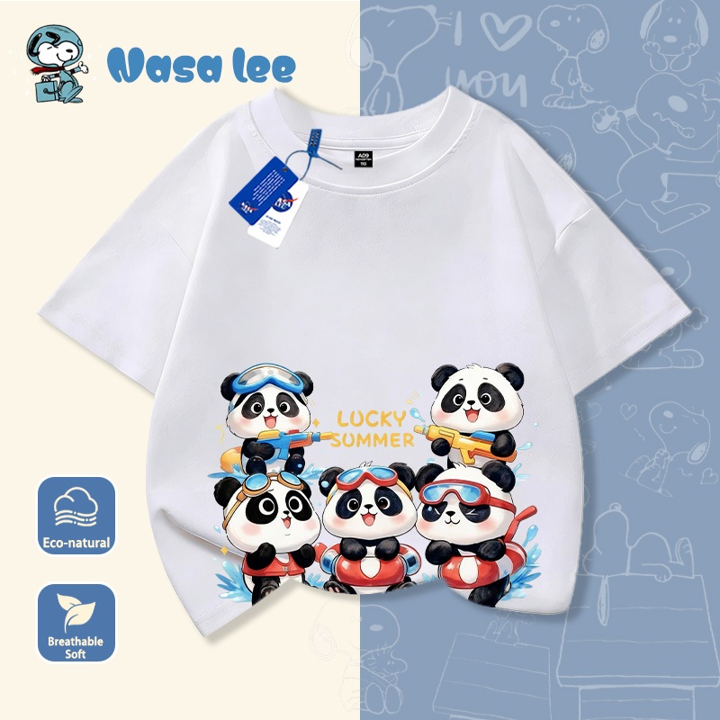 Áo phông ngắn tay cho bé trai lớn (6-14 tuổi) mẫu mới 2026, vải Cotton 100% thoáng mát, họa tiết sọc gấu trúc