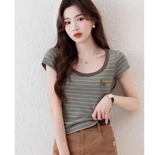 Áo thun ngắn tay họa tiết thỏ đáng yêu - Mềm mại với cổ chữ U, phù hợp cho nữ