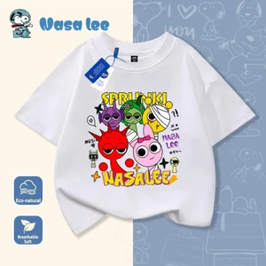Áo thun tay ngắn in hình vũ trụ Sprunki cho bé trai bé gái cotton in hình dễ thương