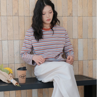 Áo thun dài tay cotton mềm mại, sọc đất nung & xanh - Phù hợp cho mùa xuân và thời trang mỗi ngày