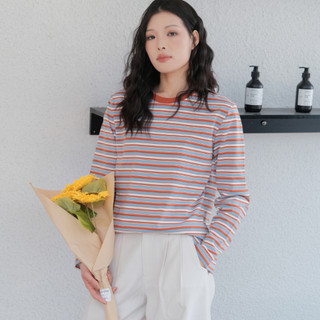 Áo thun dài tay cotton mềm mại, sọc đất nung & xanh - Phù hợp cho mùa xuân và thời trang mỗi ngày