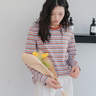 Áo thun dài tay cotton mềm mại, sọc đất nung & xanh - Phù hợp cho mùa xuân và thời trang mỗi ngày
