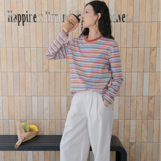 Áo thun dài tay cotton mềm mại, sọc đất nung & xanh - Phù hợp cho mùa xuân và thời trang mỗi ngày