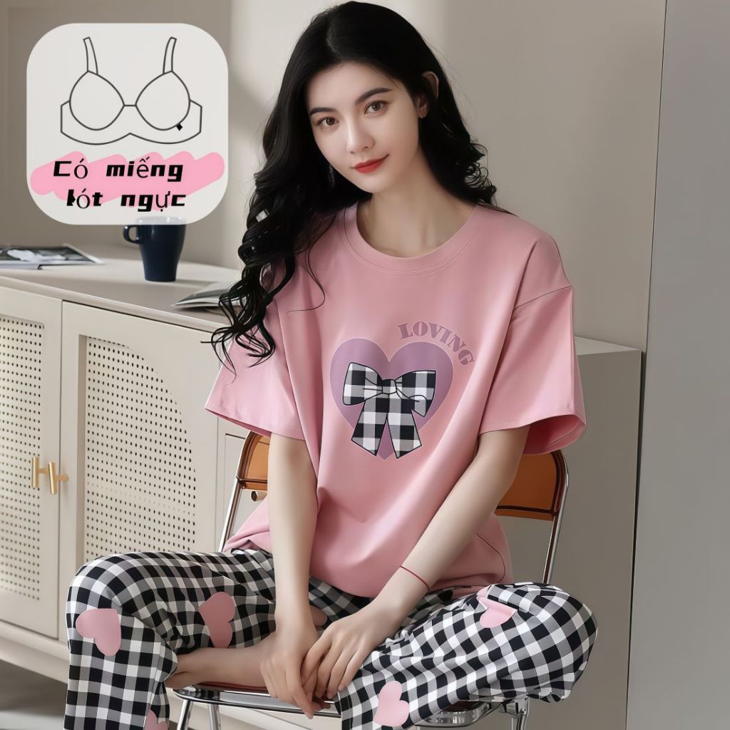 【Có đệm ngực】Set đồ ngủ nữ cotton xuân hè tay ngắn quần dài trơn màu thoáng mát phong cách đơn giản