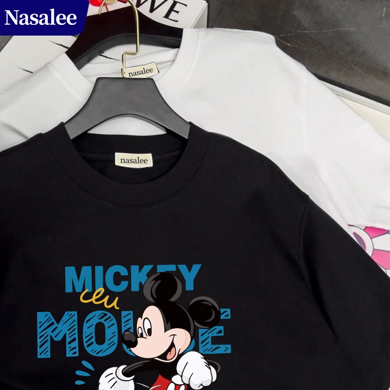 Áo thun tay ngắn phong cách retro Mỹ Mickey & Minnie Mùa hè 2026 Cotton Rộng rãi Phong cách học đường