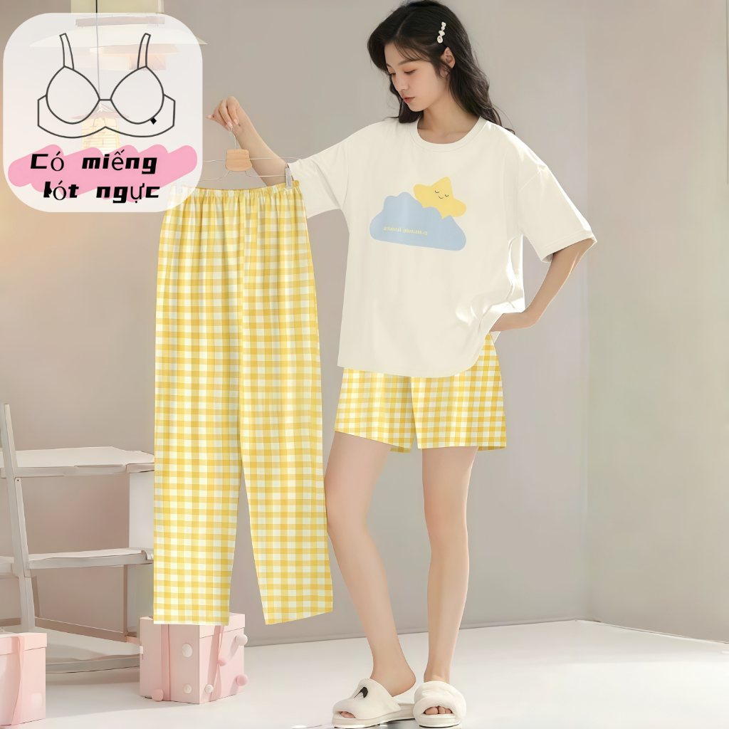 【Mẫu có đệm ngực】Bộ đồ ngủ nữ 3 món tay ngắn quần short quần dài cotton cổ trơn xuân hè in hình đáng yêu chất vải Pháp mặc nhà mặc ngoài