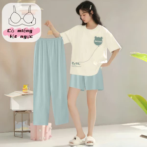 【Mẫu có đệm ngực】Bộ đồ ngủ nữ 3 món tay ngắn quần short quần dài cotton cổ trơn xuân hè in hình đáng yêu chất vải Pháp mặc nhà mặc ngoài