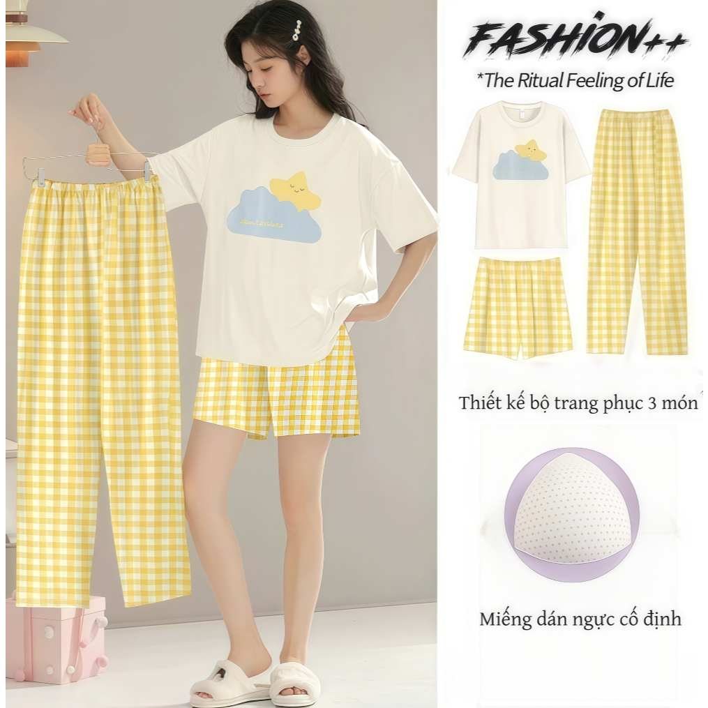 【Mẫu có đệm ngực】Bộ đồ ngủ nữ 3 món tay ngắn quần short quần dài cotton cổ trơn xuân hè in hình đáng yêu chất vải Pháp mặc nhà mặc ngoài