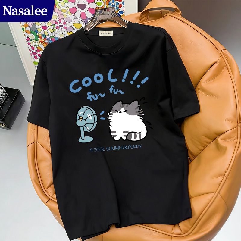 Áo thun ngắn tay màu trắng cotton hè 2026 Mẫu mới hot Họa tiết mèo quạt mát Rộng rãi tôn dáng Đồ hè Instagram