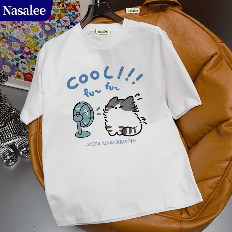 Áo thun ngắn tay màu trắng cotton hè 2026 Mẫu mới hot Họa tiết mèo quạt mát Rộng rãi tôn dáng Đồ hè Instagram