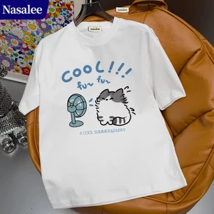 Áo thun ngắn tay màu trắng cotton hè 2026 Mẫu mới hot Họa tiết mèo quạt mát Rộng rãi tôn dáng Đồ hè Instagram