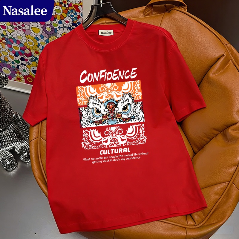 Áo thun ngắn tay màu đỏ NASA năm bản mệnh Cotton thoải mái Unisex Phong cách thời trang Trung Quốc