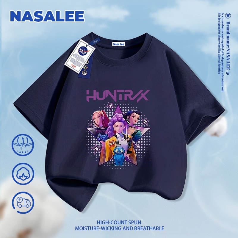 [Giao hàng trong ngày] Áo thun ngắn tay cotton màu đen cho trẻ em NASA, phong cách hình ảnh nhóm nhạc nữ Kpop, dành cho bé 3-16 tuổi, áo sơ mi dáng rộng thoải mái
