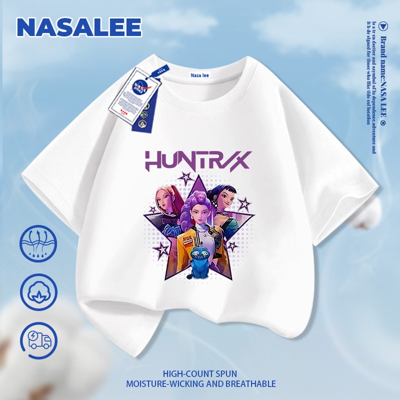 [Giao hàng trong ngày] Áo thun ngắn tay cotton màu đen cho trẻ em NASA, phong cách hình ảnh nhóm nhạc nữ Kpop, dành cho bé 3-16 tuổi, áo sơ mi dáng rộng thoải mái