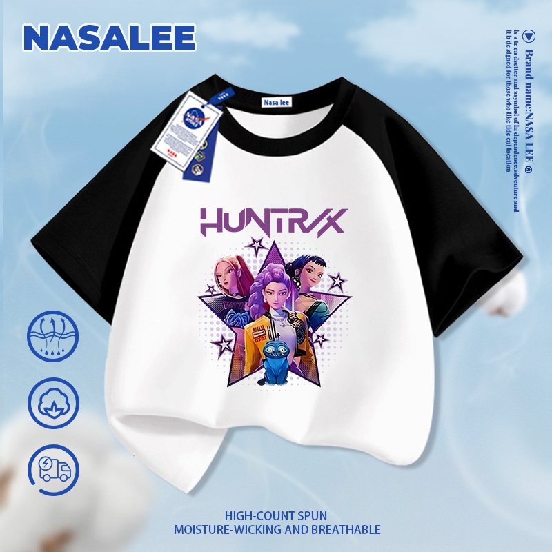 [Giao hàng trong ngày] Áo thun ngắn tay cotton màu đen cho trẻ em NASA, phong cách hình ảnh nhóm nhạc nữ Kpop, dành cho bé 3-16 tuổi, áo sơ mi dáng rộng thoải mái