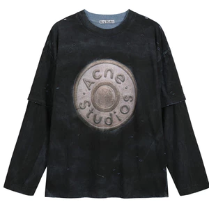 Acne 1996 Vintage Đau Khổ Nút Logo Chữ In Kỹ Thuật Số Áo Thun Dài Tay Hai Mảnh Giả, Unisex, Melange Blue