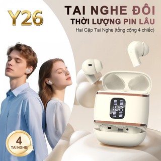 Y26 (2 cặp tai nghe) Mới Nhất Chuôi Ngắn Tai Nghe Đôi, 1 Cặp tai nghe nhét tai và 1 Cặp tai nghe bán nhét tai, Nghe nhạc liên tục hơn 30 giờ, Âm thanh nổi cấp độ HiFi, Chống nước IPX5, Kích thước siêu nhỏ gọn, Đeo như không đeo, Với iPhone và Android