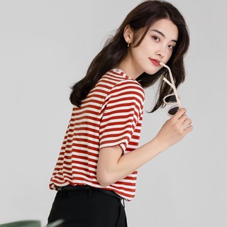 Áo thun Cotton sọc ngắn tay dành cho nữ | Sọc Đỏ Trắng | Mềm mại thoáng khí | Hàng đầu thời trang mùa xuân & hàng ngày