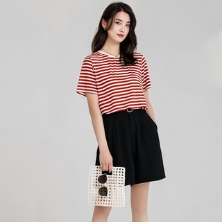Áo thun Cotton sọc ngắn tay dành cho nữ | Sọc Đỏ Trắng | Mềm mại thoáng khí | Hàng đầu thời trang mùa xuân & hàng ngày