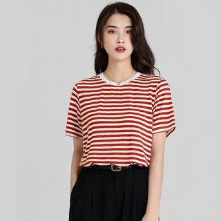 Áo thun Cotton sọc ngắn tay dành cho nữ | Sọc Đỏ Trắng | Mềm mại thoáng khí | Hàng đầu thời trang mùa xuân & hàng ngày