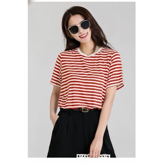 Áo thun Cotton sọc ngắn tay dành cho nữ | Sọc Đỏ Trắng | Mềm mại thoáng khí | Hàng đầu thời trang mùa xuân & hàng ngày